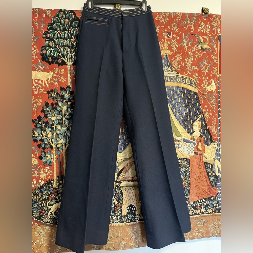 Handmade 70s vintage navy wide leg high waisted pants with contrast stitching